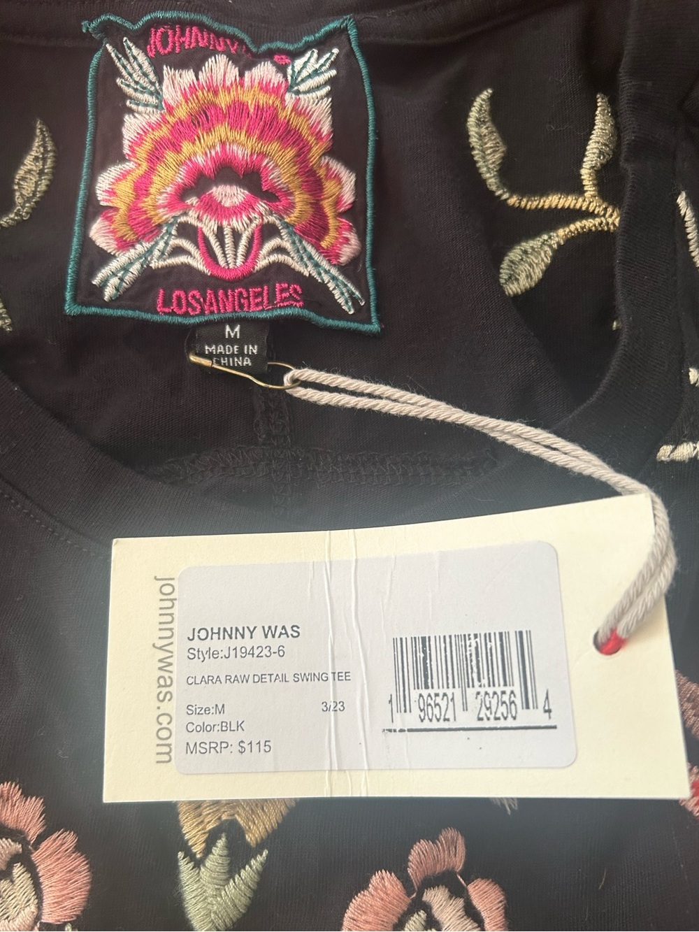Johnny Was Clara Raw Detail Swing Floral & Bird Embroidered Black Tee NWT SZ M - Picture 6 of 14